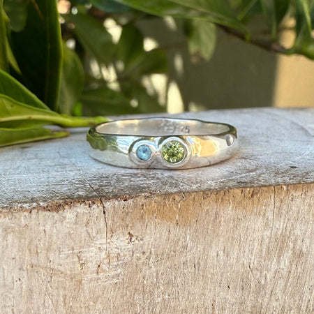 Treasure Ring - Organic Sterling Silver Band Set with Peridot and Topaz - Kathy Sayce Jewellery