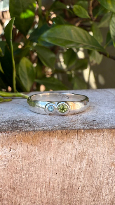 Treasure Ring - Organic Sterling Silver Band Set with Peridot and Topaz - Kathy Sayce Jewellery