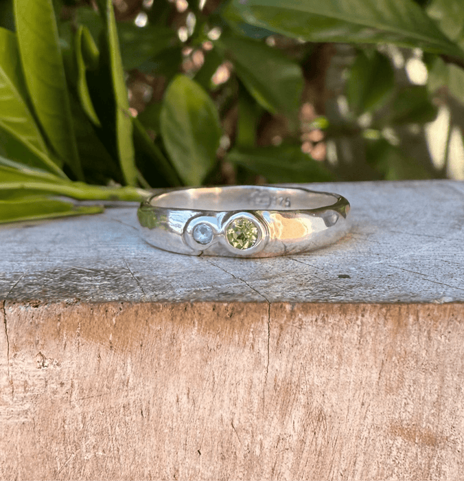 Treasure Ring - Organic Sterling Silver Band Set with Peridot and Topaz - Kathy Sayce Jewellery