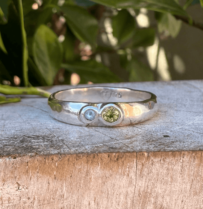 Treasure Ring - Organic Sterling Silver Band Set with Peridot and Topaz - Kathy Sayce Jewellery