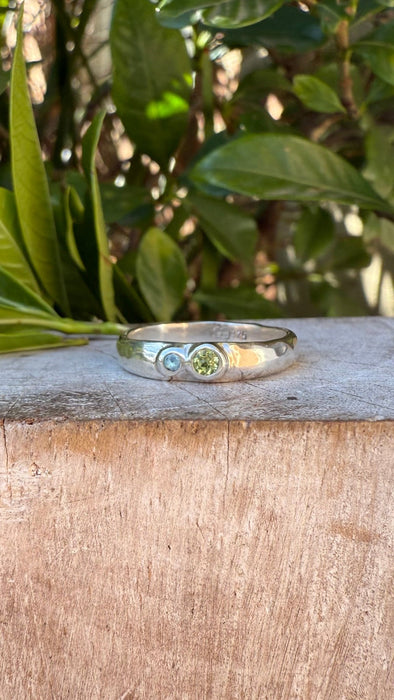 Treasure Ring - Organic Sterling Silver Band Set with Peridot and Topaz - Kathy Sayce Jewellery
