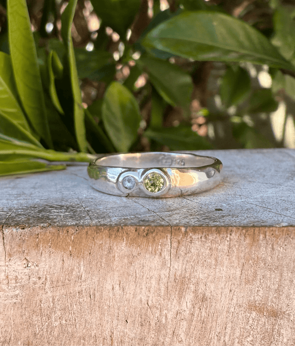 Treasure Ring - Organic Sterling Silver Band Set with Peridot and Topaz - Kathy Sayce Jewellery