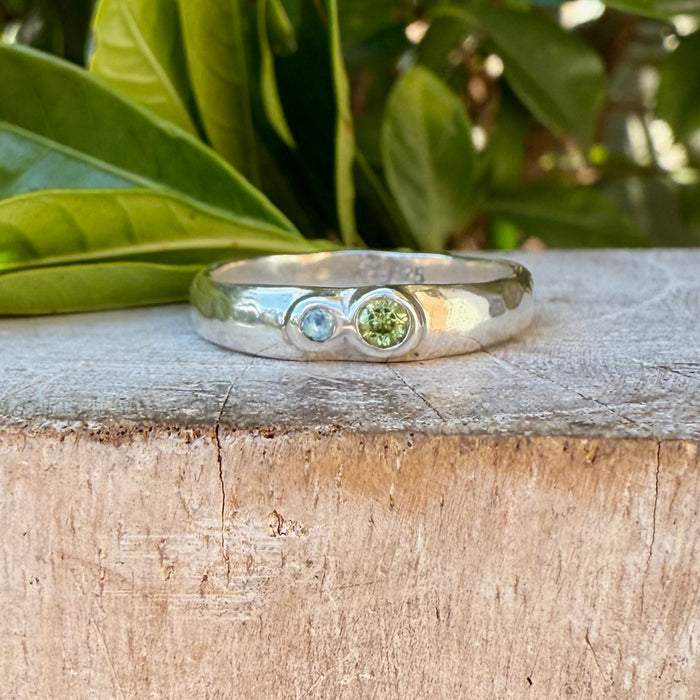 Treasure Ring - Organic Sterling Silver Band Set with Peridot and Topaz - Kathy Sayce Jewellery