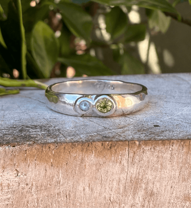 Treasure Ring - Organic Sterling Silver Band Set with Peridot and Topaz - Kathy Sayce Jewellery