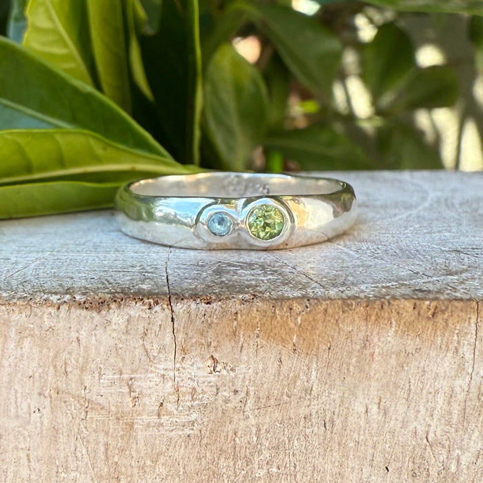 Treasure Ring - Organic Sterling Silver Band Set with Peridot and Topaz - Kathy Sayce Jewellery