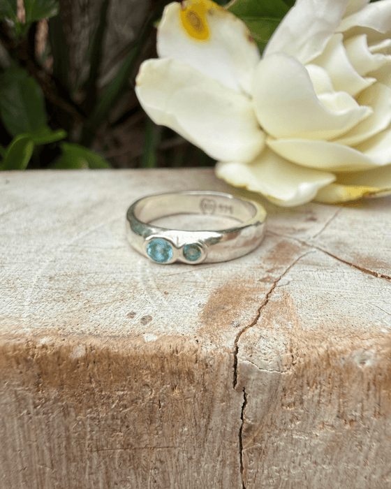 Treasure Ring - Organic Sterling Silver Band Set with Topaz and Emerald - Kathy Sayce Jewellery