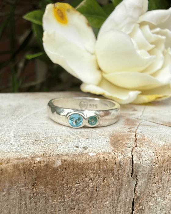 Treasure Ring - Organic Sterling Silver Band Set with Topaz and Emerald - Kathy Sayce Jewellery