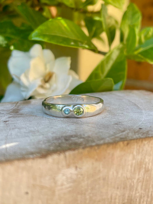 Treasure Ring - Sterling Silver Ring with Peridot & Blue Apatite – Organic Handmade Band - Kathy Sayce Jewellery