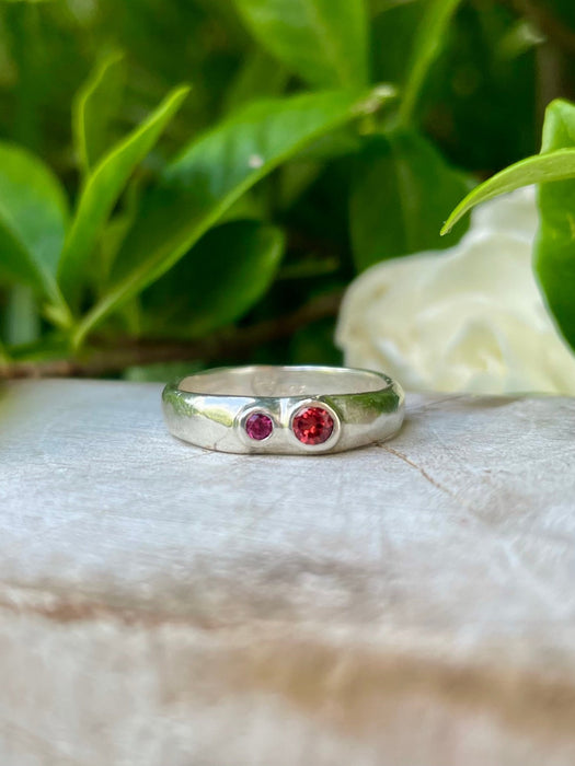 Treasure Ring - Sterling Silver Ring with Red Garnet & Rhodolite Garnet – Handmade Organic Band - Kathy Sayce Jewellery