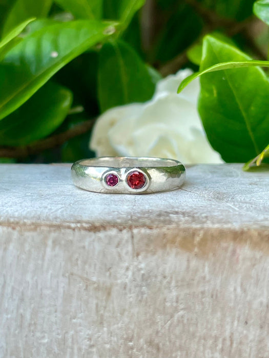 Treasure Ring - Sterling Silver Ring with Red Garnet & Rhodolite Garnet – Handmade Organic Band - Kathy Sayce Jewellery
