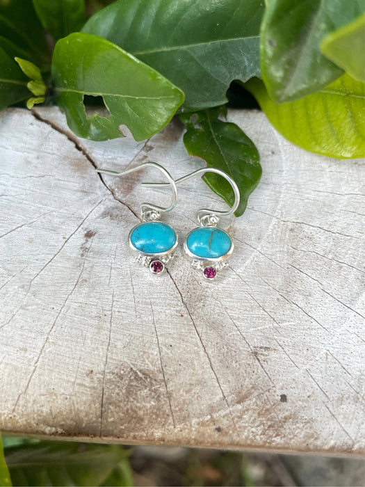 Turquoise & Rhodolite Garnet Dangle Earrings – Sterling Silver Natural Gemstone Jewellery - Kathy Sayce Jewellery