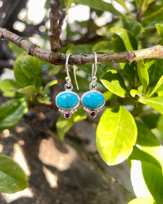 Turquoise & Rhodolite Garnet Dangle Earrings – Sterling Silver Natural Gemstone Jewellery - Kathy Sayce Jewellery