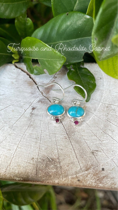 Turquoise & Rhodolite Garnet Dangle Earrings – Sterling Silver Natural Gemstone Jewellery - Kathy Sayce Jewellery