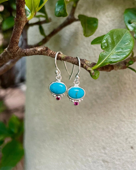 Turquoise & Rhodolite Garnet Dangle Earrings – Sterling Silver Natural Gemstone Jewellery - Kathy Sayce Jewellery