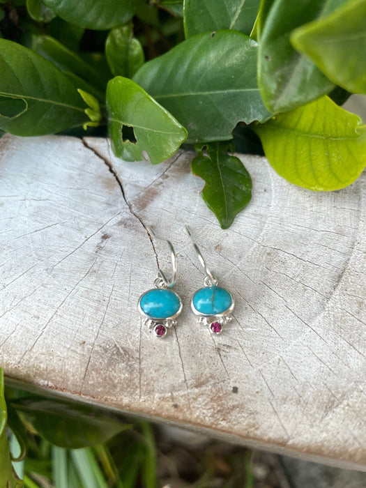 Turquoise & Rhodolite Garnet Dangle Earrings – Sterling Silver Natural Gemstone Jewellery - Kathy Sayce Jewellery