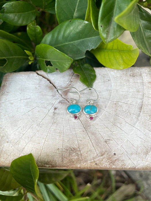 Turquoise & Rhodolite Garnet Dangle Earrings – Sterling Silver Natural Gemstone Jewellery - Kathy Sayce Jewellery