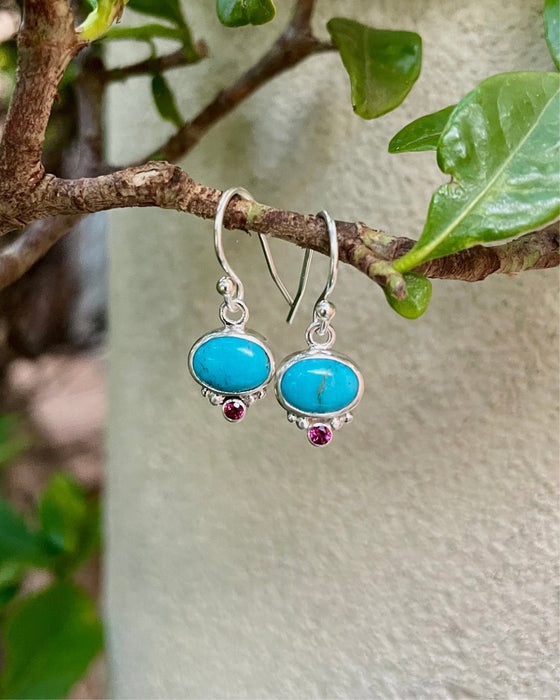 Turquoise & Rhodolite Garnet Dangle Earrings – Sterling Silver Natural Gemstone Jewellery - Kathy Sayce Jewellery