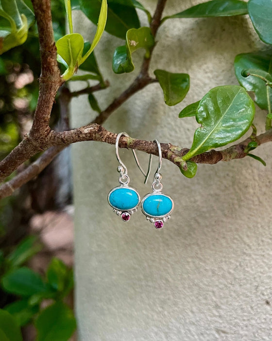 Turquoise & Rhodolite Garnet Dangle Earrings – Sterling Silver Natural Gemstone Jewellery - Kathy Sayce Jewellery