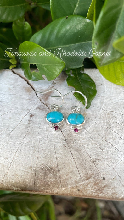Turquoise & Rhodolite Garnet Dangle Earrings – Sterling Silver Natural Gemstone Jewellery - Kathy Sayce Jewellery