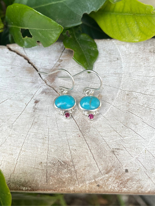 Turquoise & Rhodolite Garnet Dangle Earrings – Sterling Silver Natural Gemstone Jewellery - Kathy Sayce Jewellery