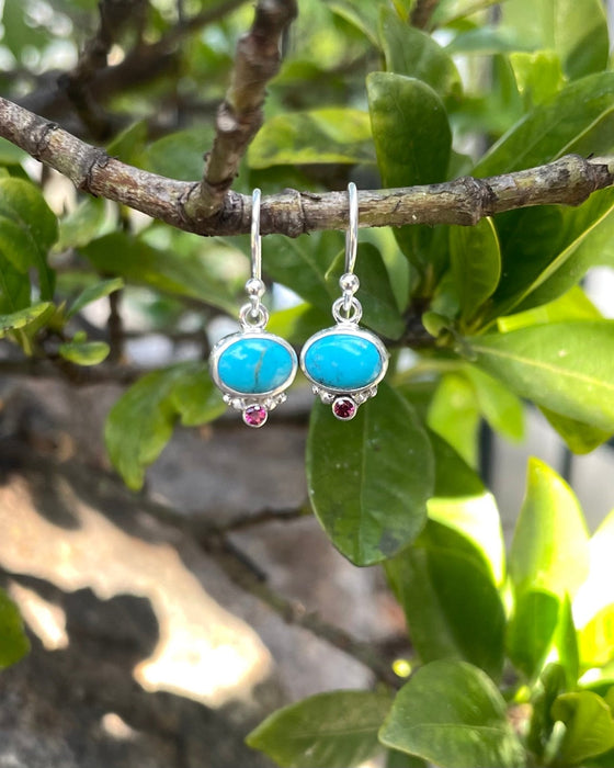 Turquoise & Rhodolite Garnet Dangle Earrings – Sterling Silver Natural Gemstone Jewellery - Kathy Sayce Jewellery