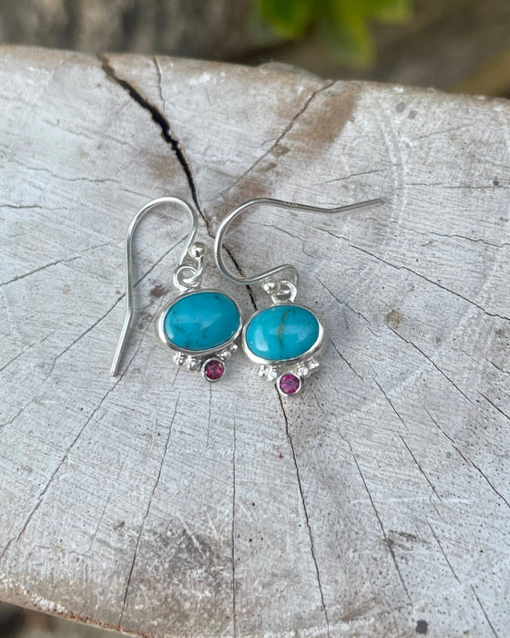 Turquoise & Rhodolite Garnet Dangle Earrings – Sterling Silver Natural Gemstone Jewellery - Kathy Sayce Jewellery