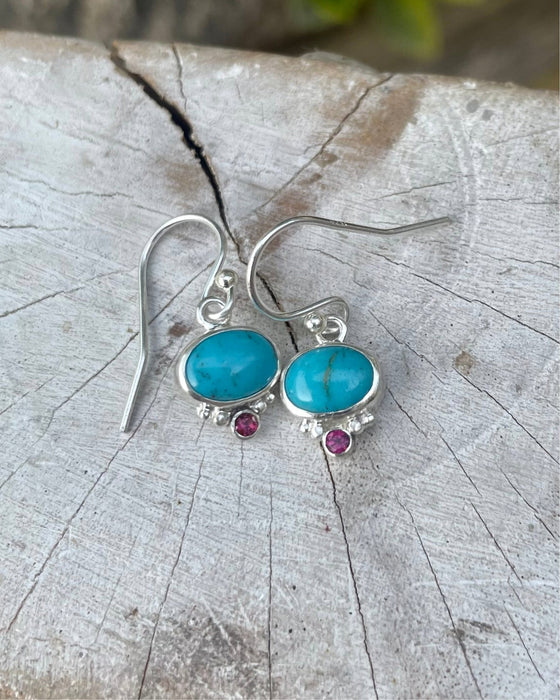 Turquoise & Rhodolite Garnet Dangle Earrings – Sterling Silver Natural Gemstone Jewellery - Kathy Sayce Jewellery