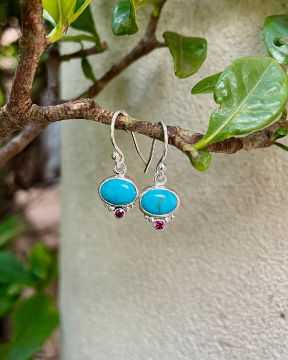 Turquoise & Rhodolite Garnet Dangle Earrings – Sterling Silver Natural Gemstone Jewellery - Kathy Sayce Jewellery