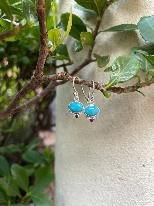 Turquoise & Rhodolite Garnet Dangle Earrings – Sterling Silver Natural Gemstone Jewellery - Kathy Sayce Jewellery