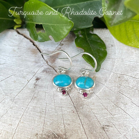 Turquoise & Rhodolite Garnet Dangle Earrings – Sterling Silver Natural Gemstone Jewellery - Kathy Sayce Jewellery