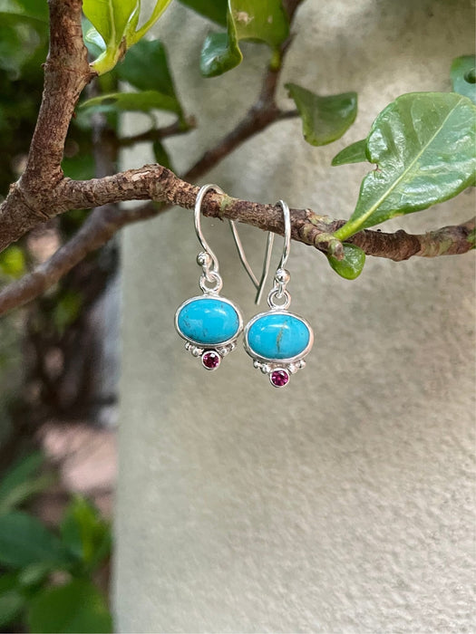 Turquoise & Rhodolite Garnet Dangle Earrings – Sterling Silver Natural Gemstone Jewellery - Kathy Sayce Jewellery