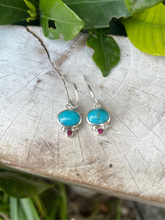 Turquoise & Rhodolite Garnet Dangle Earrings – Sterling Silver Natural Gemstone Jewellery - Kathy Sayce Jewellery