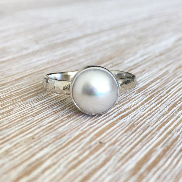 Made to Order Freshwater Pearl Ring with Hammered Band - Kathy Sayce Jewellery