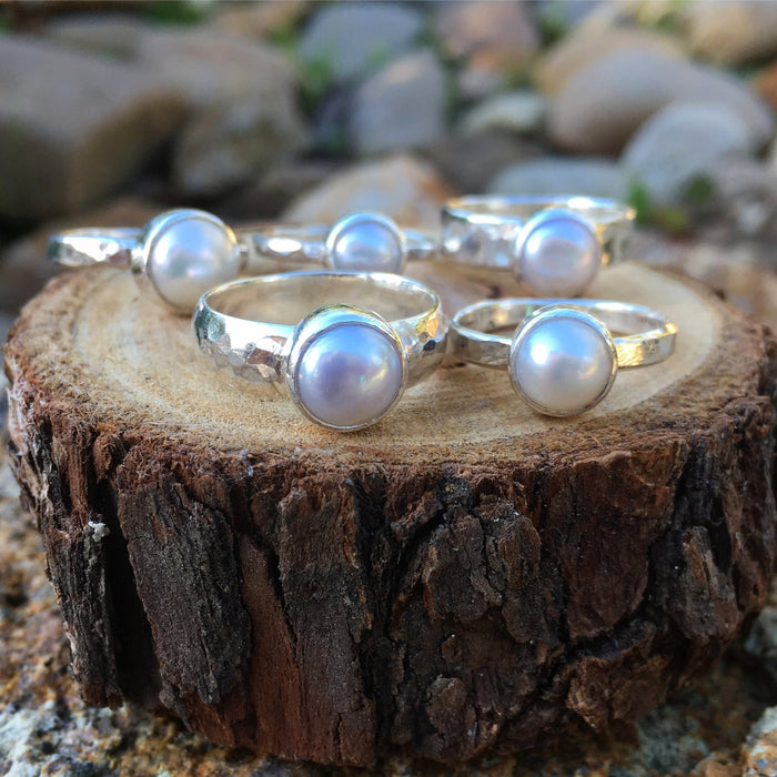 Made to Order Freshwater Pearl Ring with Hammered Band - Kathy Sayce Jewellery