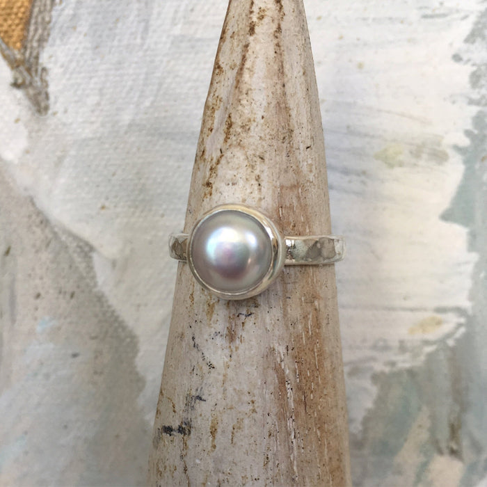 Made to Order Freshwater Pearl Ring with Hammered Band - Kathy Sayce Jewellery