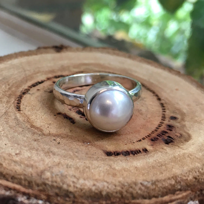 Made to Order Freshwater Pearl Ring with Hammered Band - Kathy Sayce Jewellery