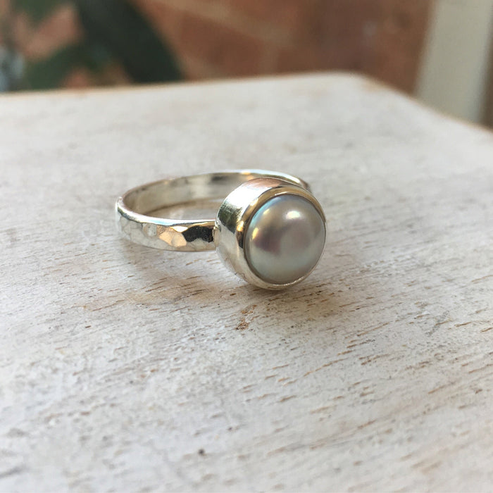 Made to Order Freshwater Pearl Ring with Hammered Band - Kathy Sayce Jewellery